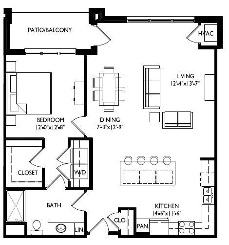 Floor plan for 1 bed, 1 bath, 1041 sqft